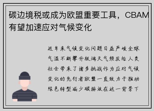 碳边境税或成为欧盟重要工具，CBAM有望加速应对气候变化